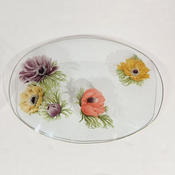 Chance Glass England Lot of 3 Anemone Floral Painted Serving Plate Pedestal Vtg - Picture 10 of 13